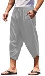 COOFANDY Men's Linen Harem Capri Pants Lightweight Loose 3/4 Shorts Drawstring Elastic Waist Casual Beach Yoga Trousers Grey