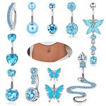 YADOCA 10Pcs 14G Belly Button Bars for Women Surgical Steel Blue Belly Bar CZ Butterfly Snake Clicker Navel Rings Belly Piercing Set Body Piercing Jewellery