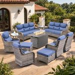 Opohoro Luxury 6" Thick Cushion 11 Pieces Wicker Patio Furniture Set with 41”Fire Table, Outdoor Conversation Set with Swivel Rocker Chairs Set of 4 and Patio Couch for Deck Porch Yard and Poolside