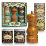 Gourmet Peppercorn Gift Set with Wooden Pepper Mill in Gift Box - 4 Variety (Green, Black, White, Medley). Unique Christmas Gifts for Dad Gifts Stocking Stuffers for Adults Mother Day Fathers Day