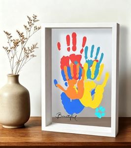 Family Handprint Kit with 5 Clear Acrylic Sheets, 12.3x8.7" Wooden Handprint Frame Kit for 5 Family Members or Pets, Unique Keepsake with 7 Non-Toxic Paints & Marker, Meaningful DIY Personalized Gift