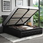 Oikiture Queen Bed Frame with Storage Space Gas Lift Bed Mattress Base Black