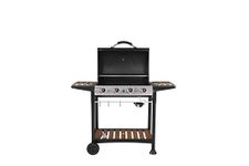 George Foreman 4 Burner Gas BBQ with Automatic Ignition & Integrated Thermometer, Black, Gas Barbecue, 2 Wheels Fitted Rack with 2 Shelves Wood Effect, GFGBBQ4BW