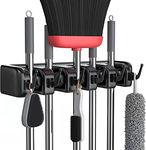 Zeinwap Plastic Mop And Broom Holder Wall Mount, Heavy Duty Broom Holder Wall Mounted Or Tool Organizer For Home Garden Garage And Storage (5 Positions With 6 Hooks, Black)