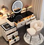 AMZSEW Dressing Table with Lighted Mirror - Vanity Desk set with Wireless Charging Station and Bluetooth Speaker,Vanity Table Set with Drawers and Stool,Bedroom Dressing Tables for Girls80cm