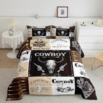 Erosebridal Southwestern Decor Comforter Set Twin Size, Western Cowboy Horse Bedding Set for Kids Teens Adult, Bull Skull Arrow Duvet Insert Cowboy Boots Grid Rustic Patchwork Quilt, Brown Black