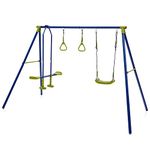 GYMAX Kids Swing Set, Metal Swing A-Frame with Swings, Outdoor Children Playground Playset for Garden, 250kg Weight Capacity (3 in 1 with Glider and 2 Gym Rings)