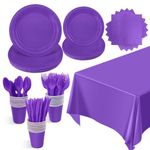 LASLU 169 Pieces Purple Party Supplies Include Disposable Dessert Paper Plates Cups Napkins Table Cover Serve 24 Guests Dinnerware Cutlery Set for Birthday Wedding Decoration (Purple)