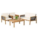 COSTWAY 4 PCS Garden Furniture Set, Acacia Wood Rattan Patio Conversation Set with Loveseat, Sofa Chairs and Coffee Table, Outdoor Sofa Set Wicker Table Chairs for Balcony Lawn Yard (White+Mix Brown)