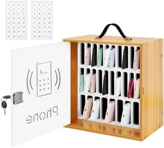 HZE Cell Phone Holder Classroom, 31 Slots, Wooden, Cell Phone Lock Box Pocket Chart with Handle and Security Lock for Storage and Organizer for Teacher, School (Cherry)