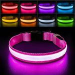 PcEoTllar Light Up Dog Collar, Lighted Dog Collar Rechargeable 7 Colors, LED Dog Collar with Light for Night Walking Waterproof & Adjustable for Small Medium Large Dogs, Pink(7 Modes)-M