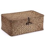 IGNPION Seagrass Storage Basket with Lid Woven Seagrass Desktop Basket Rectangular Bathroom Storage Organiser Box, Shelves & Desks Decorative Basket Multipurpose storage Hamper (Coffee, S)