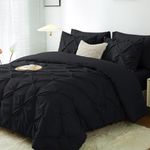 JOLLYVOGUE Queen Comforter Set 7 Pieces, Black Pintuck Bed in a Bag Comforter Sets for All Season，Pinch Pleat Bedding Sets with Comforter, Flat Sheet, Fitted Sheet, Pillowcases & PillowShams