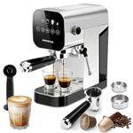 Aigostar 20Bar Espresso Coffee Machine for Capsule & Ground Coffee, Cappuccino & Latte Maker with Milk Frother Wand, Stainless Steel Professional Espresso Maker, Touch Panel, Removable Tank - Barista