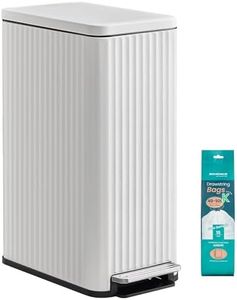 SONGMICS Trash Can, 13 Gallon (50 L) Slim Garbage Can for Kitchen, with Soft-Close Lid, Pedal, Removable Inner Bucket, Stainless Steel, 15 Trash Bags, Space-Saving, Cloud White ULTB350WZ01
