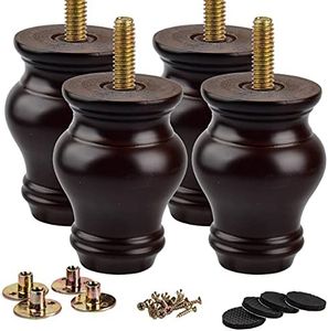 4 inch / 10cm Wooden Furniture Legs, La Vane 4PCS Dark Walnut Soild Wood Spindle M8 Replacement Bun Feet with Pre-Drilled 5/16 Inch Bolt & Mounting Plate & Screws for Sofa Cabinet Ottoman Chair