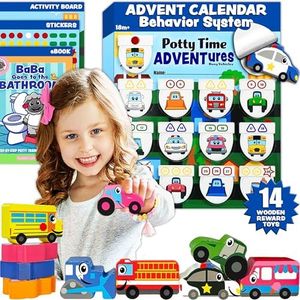 Potty TIME Adventures Potty Training Chart for Toddlers Toilet Training Advent Game Behavior Reward Chart by Lil ADVENTS - 14 Wooden Stacking Block Toys, Car Stickers, Activity Board (Busy Vehicles)
