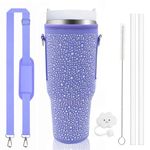 Sigowal Bling Water Bottle Carrier Bag for Stanley 40oz Tumbler with Handle, Neoprene Water Bottle Holder with Adjustable Strap, Straw, Brush, Straw Cover for Stanley Cup Accessories (Purple)