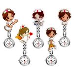 Women Ladies Nurse Watch Cute Cartoon Clip-on Lapel Hanging Pendant Doctor Clinic Staff Tunic Stethoscope Badge Quartz Fob Pocket Watch - 5 Pack