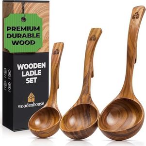 Wooden Ladle Spoon Set, 3 Size Teak Wood Kitchen Serving Spoon with Back Hooks for Pot & Bowl, Non-Stick Wooden Spoon Set for Cooking, Serving and Stirring