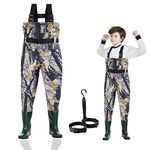 Ouzong Chest Waders for Kids, Lightweight Cleated Nylon and PVC Fishing Bootfoot Chest Waders for Boy and Girl with Boot Hanger, Army Green Waterproof Chest Waders for Children (Camo, 10/11)