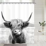 Riyidecor Funny Bull Shower Curtain 60Wx72H Inch Highland Cow Animal Wildlife Cute Sketch Milk Waterproof Fabric Modern Fashion Polyester Bathroom Decor 12 Pack Plastic Hooks