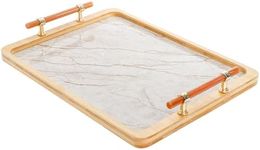 DEAYOU Bamboo Serving Tray with Handles, Marbling Decorative Ottoman Tray, Large Serving Platter for Coffee Table, Breakfast, Dinner, Perfume, Kitchen Counter, Living Room, Rectangle, 15.5"Lx 11.5"W