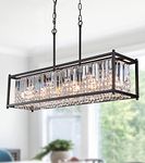 Q&S Modern Rectangular Crystal Chandelier,Black Rectangle Farmhouse Industrial Dining Room Light Fixture 6 Lights for Kitchen Island Bar Living Room Pool Table L37.5 UL Listed