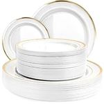 Aya's Cutlery Kingdom 100 Disposable White Plastic Plates with Gold Trim - Includes 50 Plastic Dinner Plates (10-Inch) and 50 Salad Dessert Plates (7.5-Inch) - Heavy Duty and Elegant Party Plates