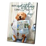 sky art Golden Retriever With Smile Reading Newspaper On Toilet Canvas Wall Art for Bathroom Bedroom Idea Dog Art Prints Hope Quotes Poster Funny Theme Wall Decor Rustic Wood Framed Painting 12"x16"