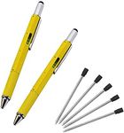 Multifunction Tool Pen, 6 in 1 Tool with Ballpoint Pen, Touch Screen Stylus, Ruler, Spirit Level, Flat-head and Phillips Screwdriver, All-in-One Tech-Tool Pen with Ink Refills (2×Yellow + 5×Refills)