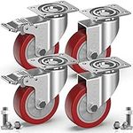 GBL Heavy Duty Castor Wheels with 2 Brakes + Screws - 100mm up to 600KG - Pack of 4 No Floor Marks Silent Caster for Furniture - Rubbered Trolley Wheels - Silver Castors