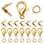 500pcs Jewelry Making Accessories Kit, 200pcs Knot Covers Clamshell Fold-over Bead Tips 100pcs Lobster Claw Clasps and 200pcs Open Jump Rings Connectors for Jewelry Making Supplies, Gold