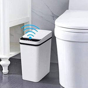 JINDUN 12L Bathroom Smart Touchless Trash Can, Automatic Motion Sensor Rubbish Can with Lid Electric Waterproof Narrow Small Garbage Bin for Kitchen, Office, Living Room, Toilet, Bedroom, RV (White)