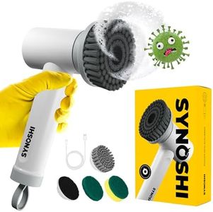 SYNOSHI | Electric Spin Scrubber, Power Cleaning Brush with 3 Replaceable Heads, Cordless Waterproof Scrubber Dual Speed, Perfect for Bathrooms, Showers, Tile, Cars, Floor White 4.5 x 7 in