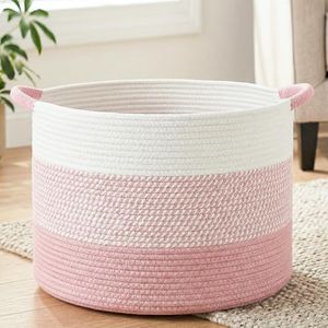Artfeel Large Natural Woven Blanket Basket, 100L Boho Decorative Cotton Rope Basket for Blankets Pillows and Toddler Toy Storage, Rope Blanket Storage for Living Room, Laundry, Nursery (Pink)