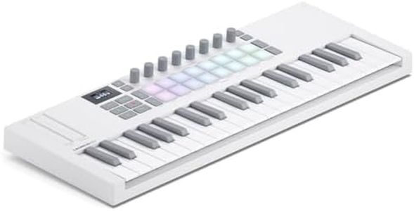 Novation Launchkey Mini 37 White MK4 — Portable 37 Mini-Key, USB, MIDI Keyboard with DAW Integration. Chord & Scale Modes, 16 Drum Pads, Arpeggiator, & Includes Music Creation Software Bundle