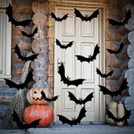 18Pcs Hanging Bats Halloween Decorations Outdoors, 3 Sizes Halloween Bats Decor Flying Bats with Eye Stickers & Roll of Line, Indoor Outdoor Halloween Decorations for Tree Wall Porch, Yard, Lawn