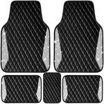 CAR PASS Bling Leather Car Mats Shining Diamond Floor Mats Crystal Rhinestone Sparkly Glitter Carpet Anti-Slip Waterproof Pad Universal Fit Automotive SUV, Sedan, Van, 5pcs Girl Women, Black Silver