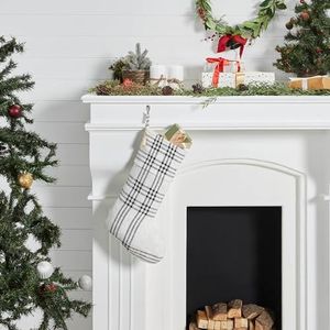 VHC Brands Woven Plaid Stocking Christmas Holiday Farmhouse Decor Gingham Black Pine Green White (Black, White)