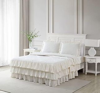 Beatrice Home Fashions Triple Ruffle Medallion Damask 3-Piece Bedding Set, Queen, Ivory