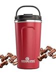 Greens Steel Reusable Coffee Cup - 480 ml (16 oz) Red | Travel Mug with Lid & Handle | Stainless Steel Insulated Flask for Hot & Cold Drinks | Leak Proof Tumbler for Tea, Coffee, Iced Drinks