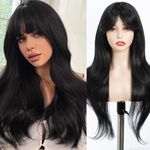 FASHION IDOL Long Straight Wave Ends Wig with Natural Curtain Bangs for Women 26 Inches Glueless Heat Resistant Synthetic Wear and Go Wig