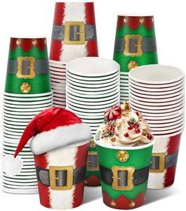 Whaline 50Pcs Christmas Disposable Cups 9oz Red Green Santa Elf Belt Paper Cups Xmas Party Cups Drinkware Supplies for Hot Cold Drinks, 2 Designs