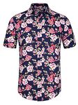 Uxcell Men's Summer Floral Print Short Sleeve Button Down Beach Hawaiian Casual Shirt Navy Blue Pink Floral Print XL