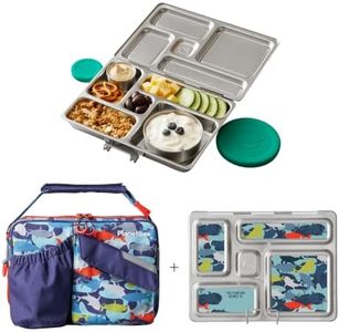 PlanetBox Rover Stainless Steel Bento Lunch Box with 5 Compartments for Adults and Kids, Sharks Carry Bag and Magnets