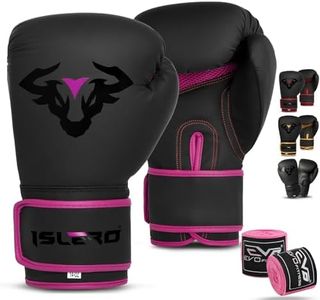 Islero EVO Fitness Matte Black Boxing Gloves Men Punch Bag Women Pink MMA Muay Thai Martial Arts Kick Boxing Sparring Training Fighting Gloves With Hand Wraps (12 OZ, Pink)
