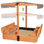 Kids Wooden Outdoor Sandbox w/Canopy, 2 Foldable Bench Seats, Retractable Roof Sand Protection Liner 47x47-Inch