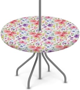Outdoor Round Tablecloth with Umbrella Hole, Abstract Floral Patio Table Cover Circle Fitted Tablecloths Waterproof Umbrella Table Cloth for Party Picnic,Fit for 45"-56" Round Tables