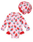 puseky Baby Girls One Piece Swimsuit Zip Rash Guard Swimwear Ruffled Long Sleeve Cute Strawberry Bathing Suit 6-12 Months